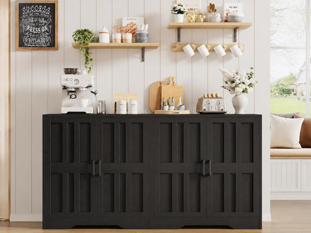 Farmhouse Buffet Cabinet, 63" Storage with 4 Doors, Wood Grain Finish, Living Room Furniture