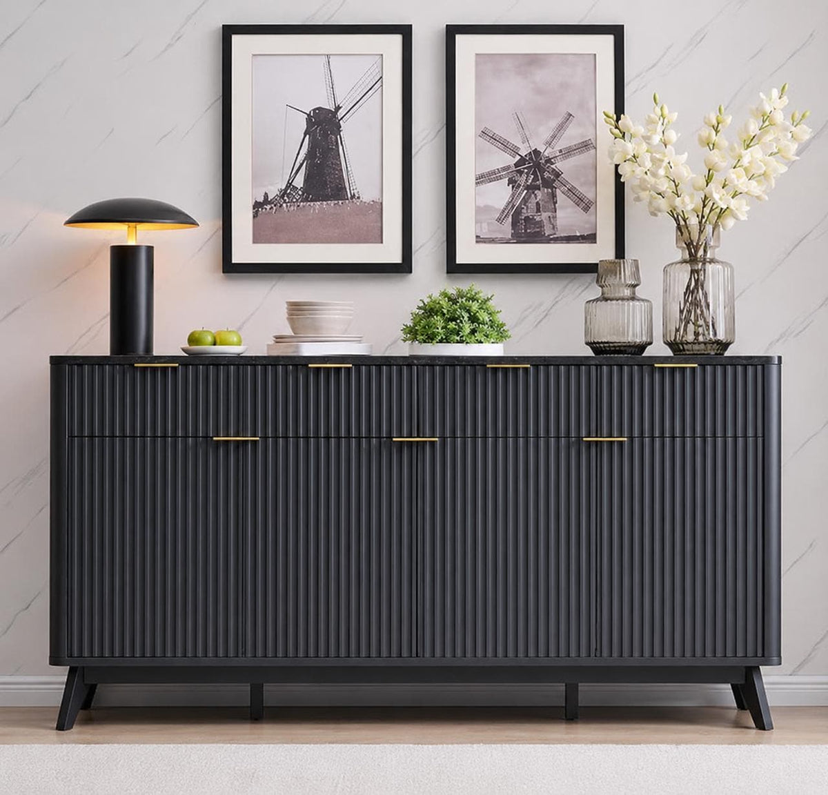 Modern Fluted Buffet Cabinet, Faux Marble Top, 3 Drawer Storage Sideboard