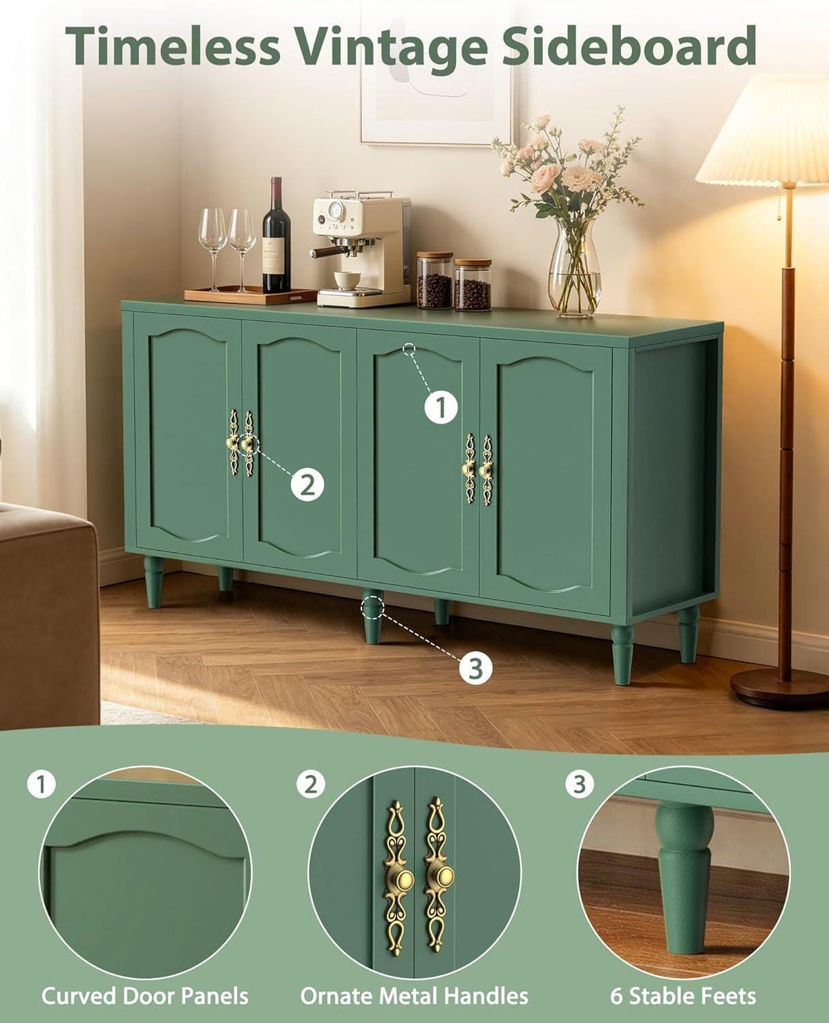 Fineway 63" Mid Century Sideboard Buffet Cabinet with Adjustable Shelves & Storage for Dining Room Living Room Kitchen