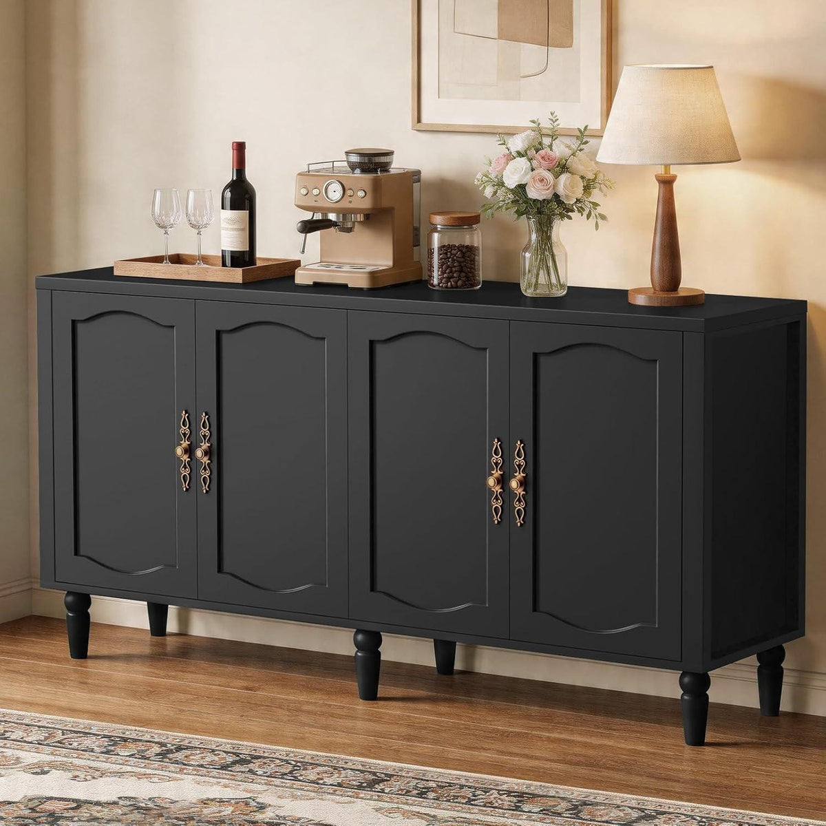 Fineway 63" Mid Century Sideboard Buffet Cabinet with Adjustable Shelves & Storage for Dining Room Living Room Kitchen
