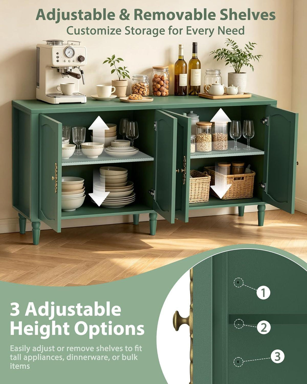 Fineway 63" Mid Century Sideboard Buffet Cabinet with Adjustable Shelves & Storage for Dining Room Living Room Kitchen