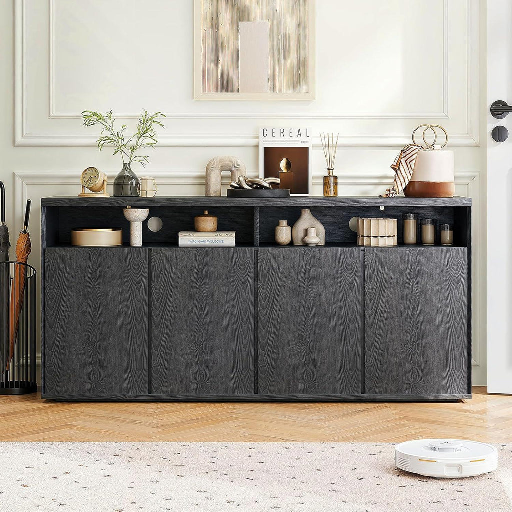 Modern Black Wood Grain Buffet Cabinet, 63-Inch Sideboard Console Table