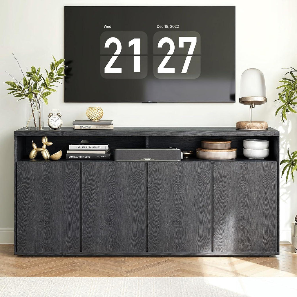 Modern Black Wood Grain Buffet Cabinet, 63-Inch Sideboard Console Table
