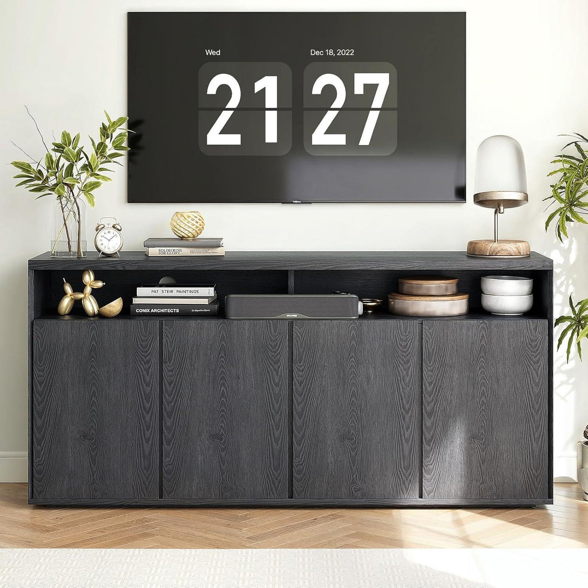 Modern Black Wood Grain Buffet Cabinet, 63-Inch Sideboard Console Table
