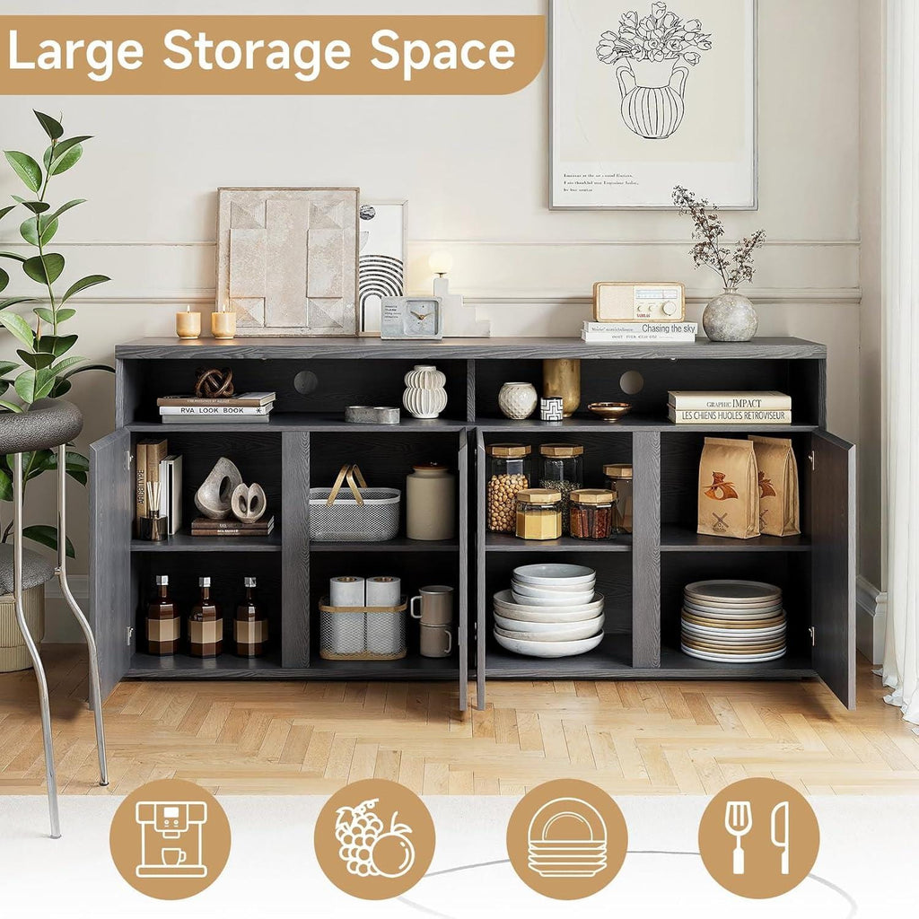 Modern Black Wood Grain Buffet Cabinet, 63-Inch Sideboard Console Table