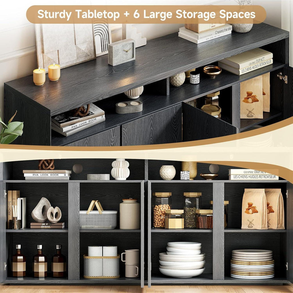 Modern Black Wood Grain Buffet Cabinet, 63-Inch Sideboard Console Table