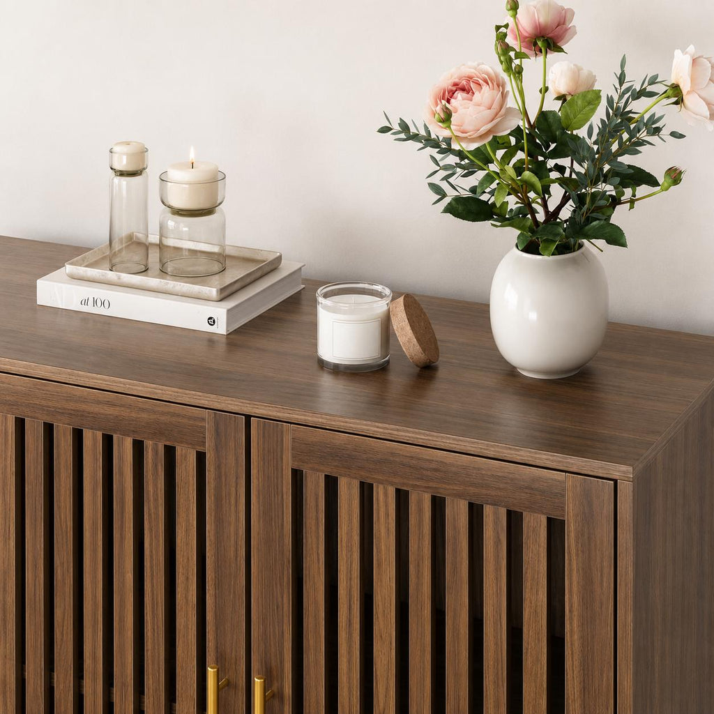 Modern Farmhouse Walnut Storage Cabinet, Slatted Doors Sideboard Buffet, Coffee Bar Home Furniture