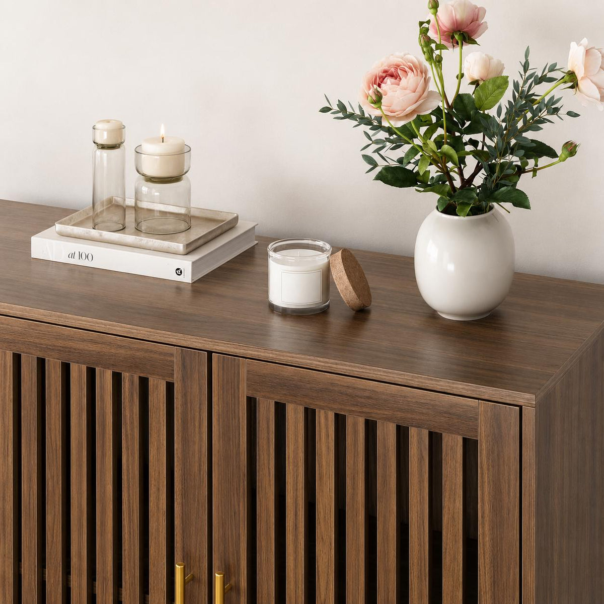 Modern Farmhouse Walnut Storage Cabinet, Slatted Doors Sideboard Buffet, Coffee Bar Home Furniture