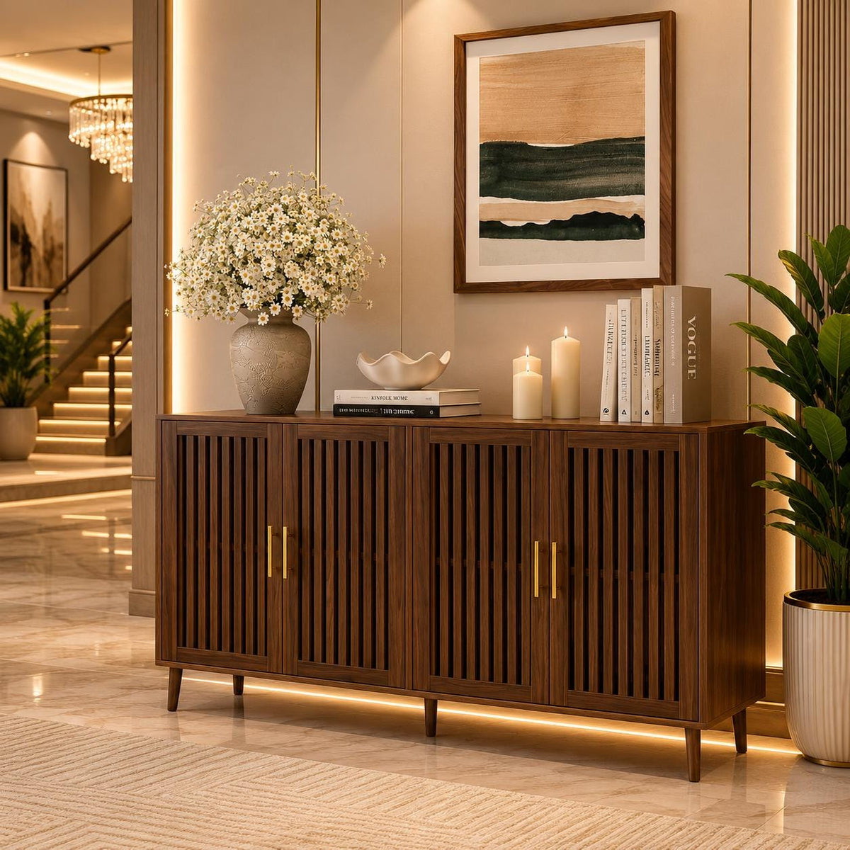 Modern Farmhouse Walnut Storage Cabinet, Slatted Doors Sideboard Buffet, Coffee Bar Home Furniture