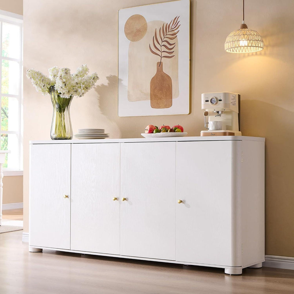 Modern Dark Wood Buffet Cabinet, Curved Edge, 4 Doors, Golden Handles, Sideboard Storage