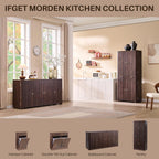 Modern Dark Wood Buffet Cabinet, Curved Edge, 4 Doors, Golden Handles, Sideboard Storage