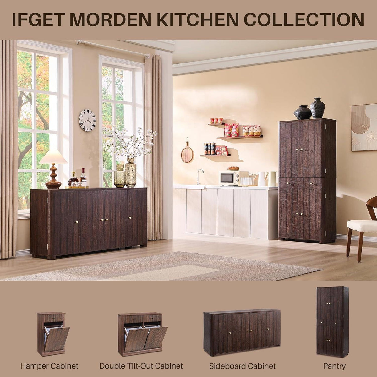 Modern Dark Wood Buffet Cabinet, Curved Edge, 4 Doors, Golden Handles, Sideboard Storage