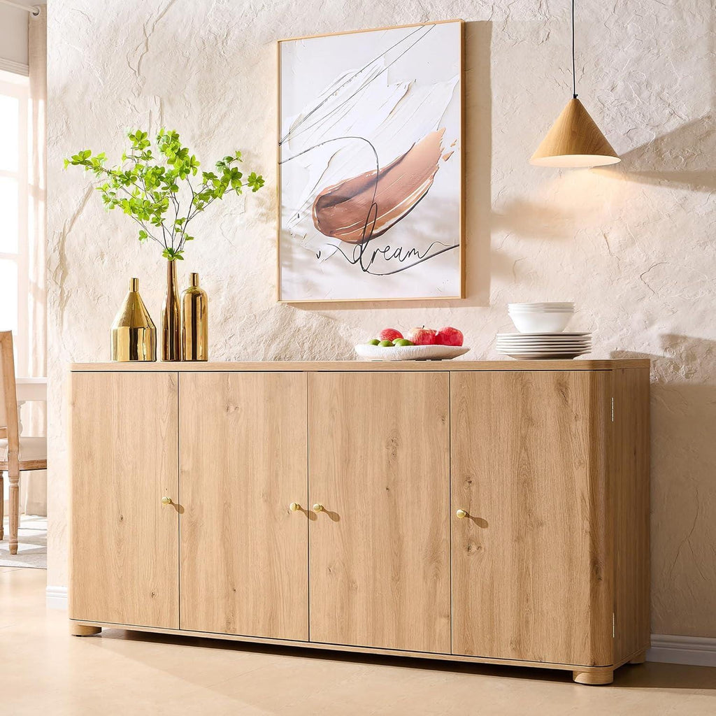 Modern Dark Wood Buffet Cabinet, Curved Edge, 4 Doors, Golden Handles, Sideboard Storage