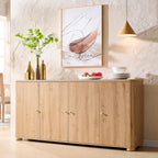 Modern Dark Wood Buffet Cabinet, Curved Edge, 4 Doors, Golden Handles, Sideboard Storage