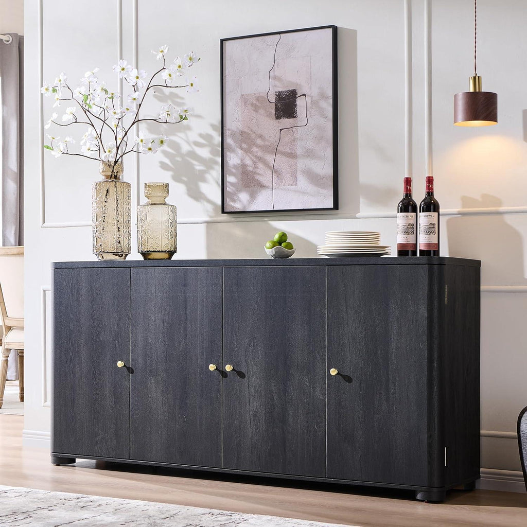 Modern Dark Wood Buffet Cabinet, Curved Edge, 4 Doors, Golden Handles, Sideboard Storage
