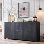 Modern Dark Wood Buffet Cabinet, Curved Edge, 4 Doors, Golden Handles, Sideboard Storage