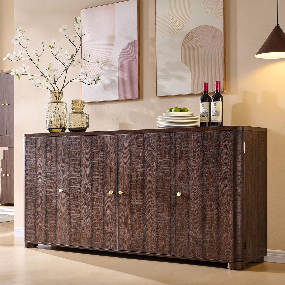 Modern Dark Wood Buffet Cabinet, Curved Edge, 4 Doors, Golden Handles, Sideboard Storage