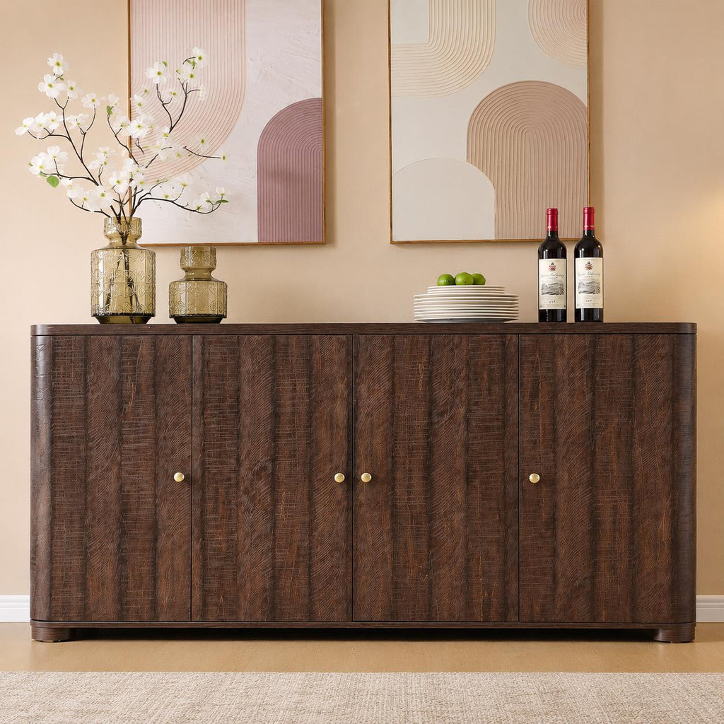 Modern Dark Wood Buffet Cabinet, Curved Edge, 4 Doors, Golden Handles, Sideboard Storage