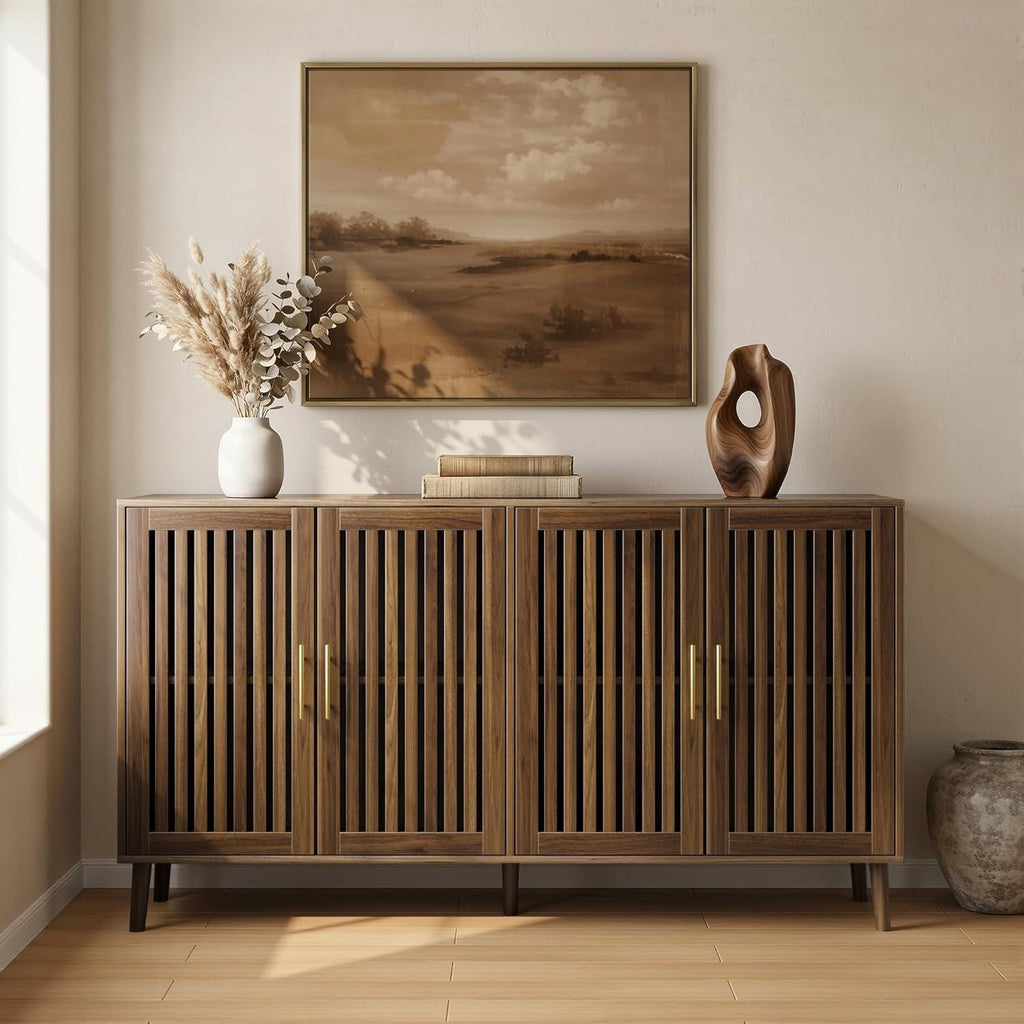 63" Farmhouse Sideboard Cabinet with Slatted Doors and Gold Handles