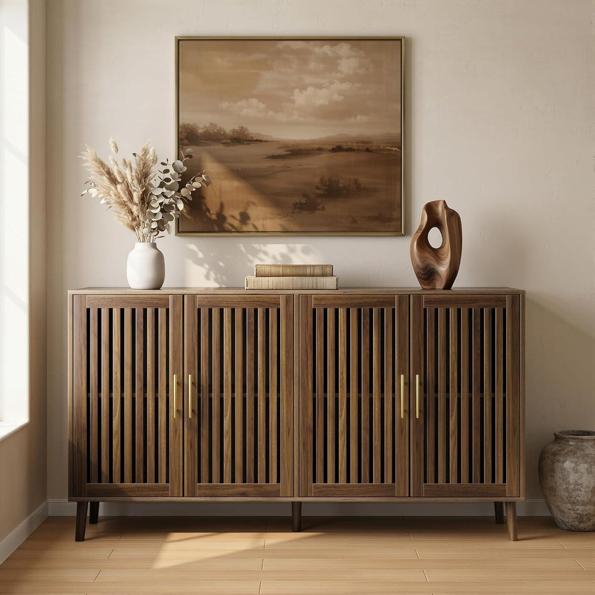 63" Farmhouse Sideboard Cabinet with Slatted Doors and Gold Handles