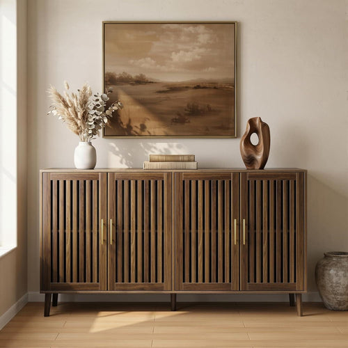 63" Farmhouse Sideboard Cabinet with Slatted Doors and Gold Handles
