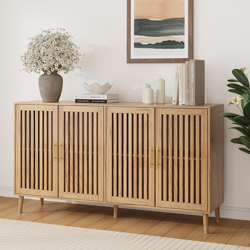 63" Farmhouse Sideboard Cabinet with Slatted Doors and Gold Handles