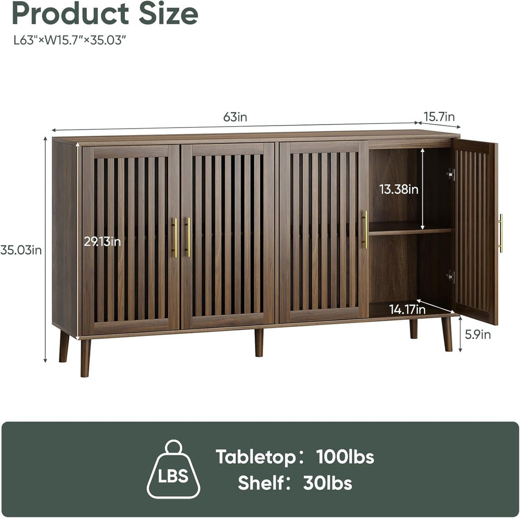 63" Farmhouse Sideboard Cabinet with Slatted Doors and Gold Handles