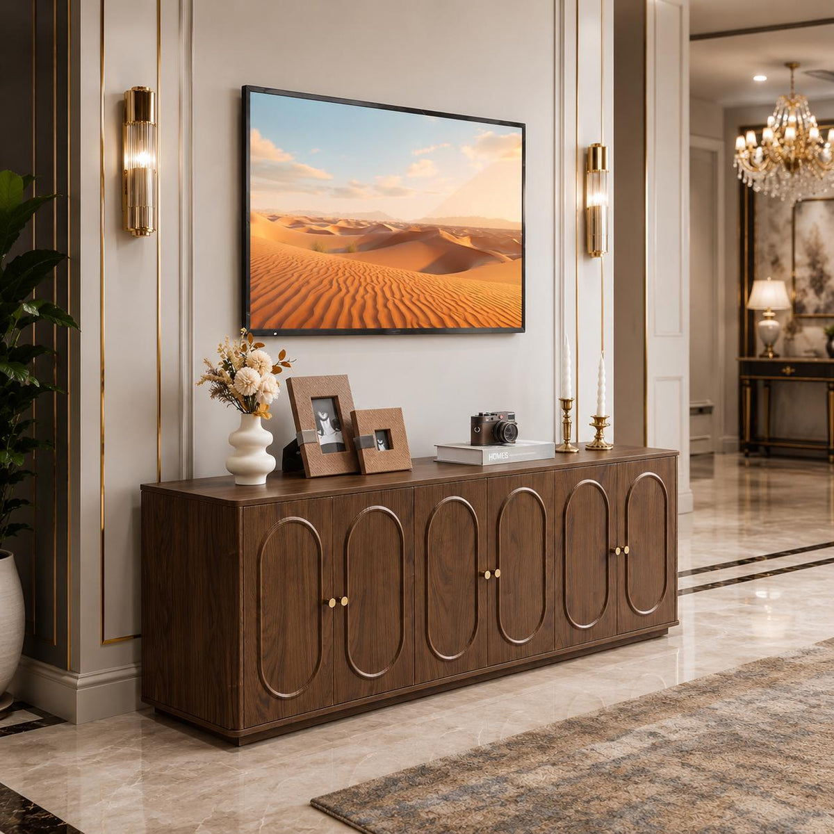 63'' Fluted Sideboard Buffet Cabinet, Modern Walnut Credenza Console Table with 6 Doors & Storage for Dining Room, Living Room Entryway