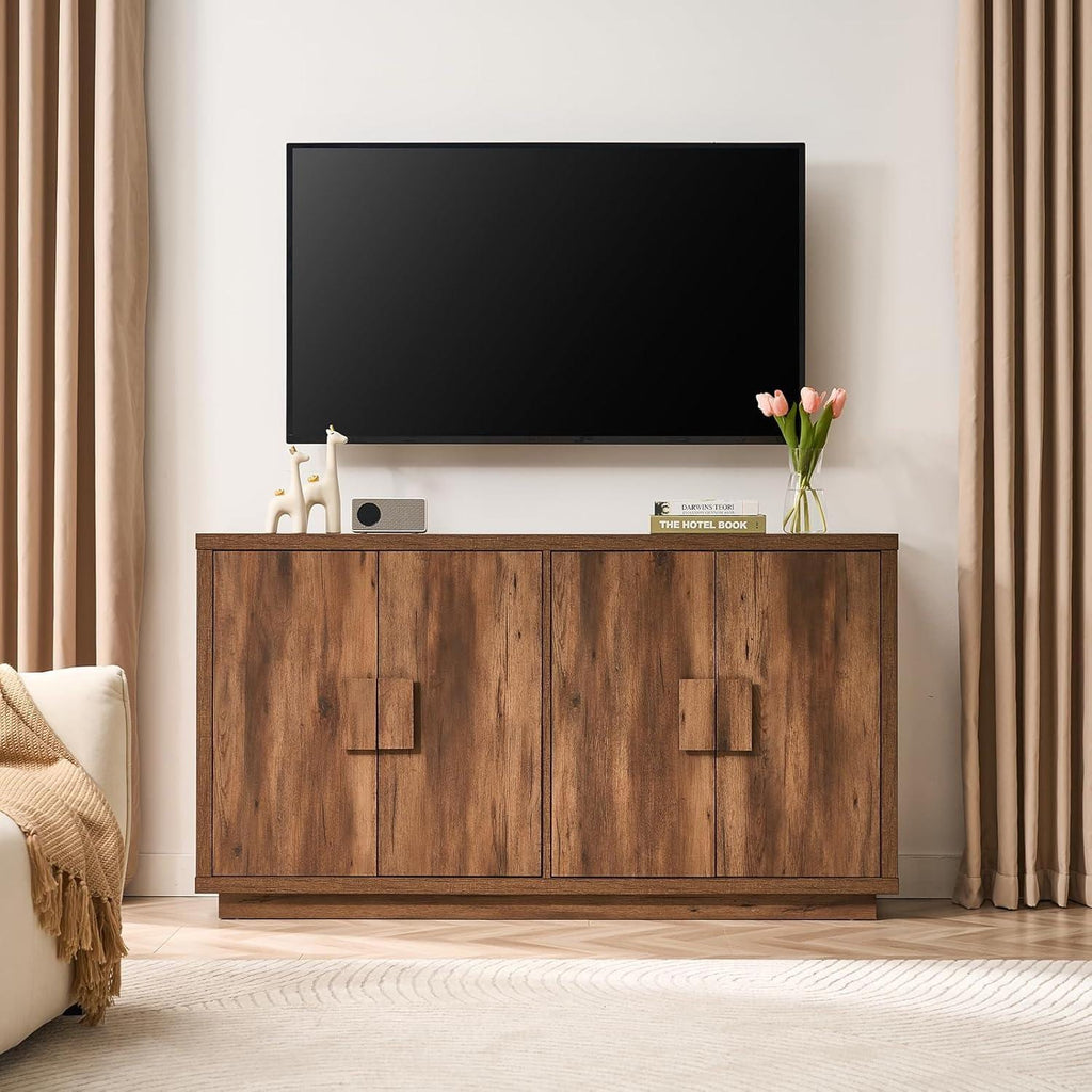 63" Farmhouse Buffet Cabinet, 4-Door Storage Credenza, Wood Coffee Bar Console