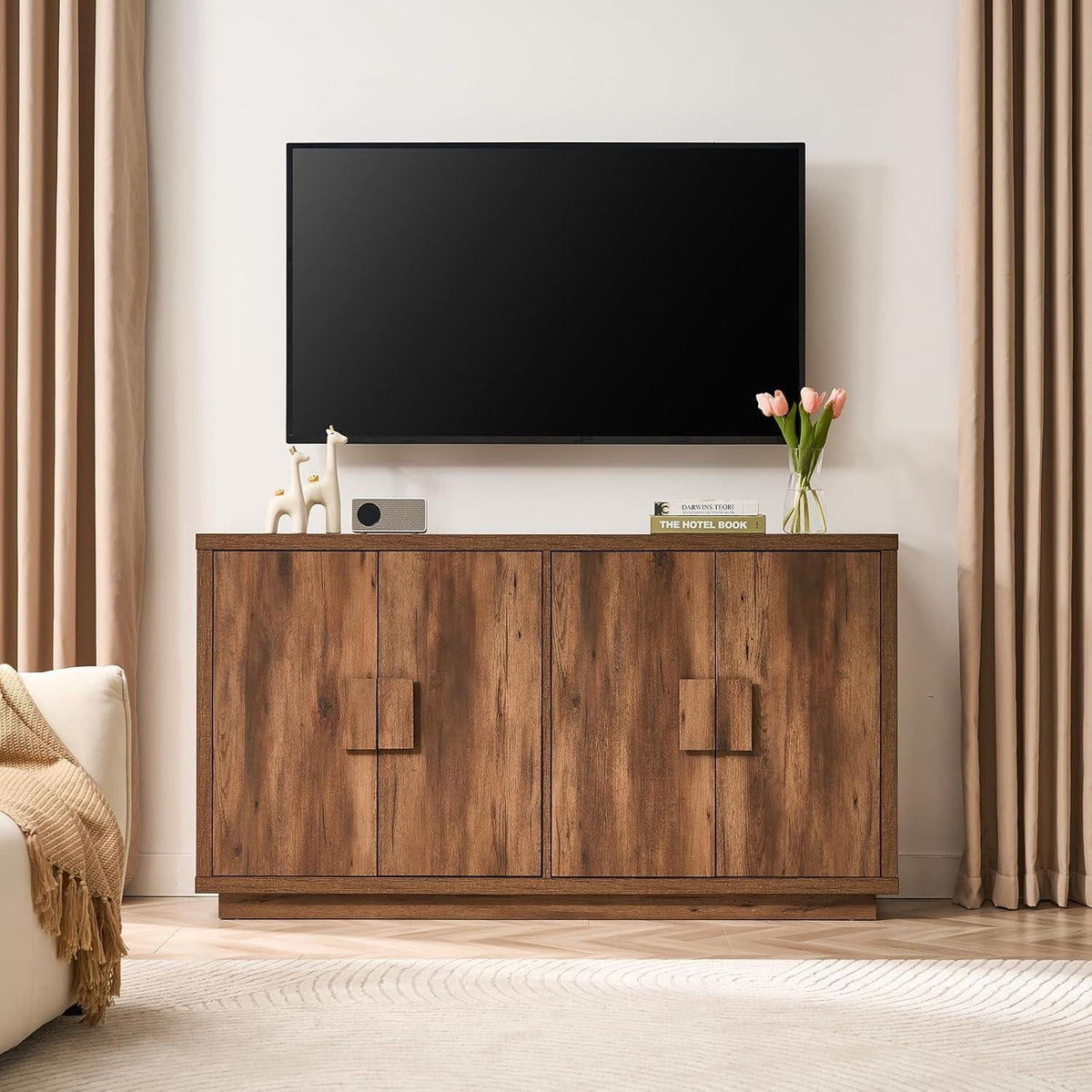 63" Farmhouse Buffet Cabinet, 4-Door Storage Credenza, Wood Coffee Bar Console