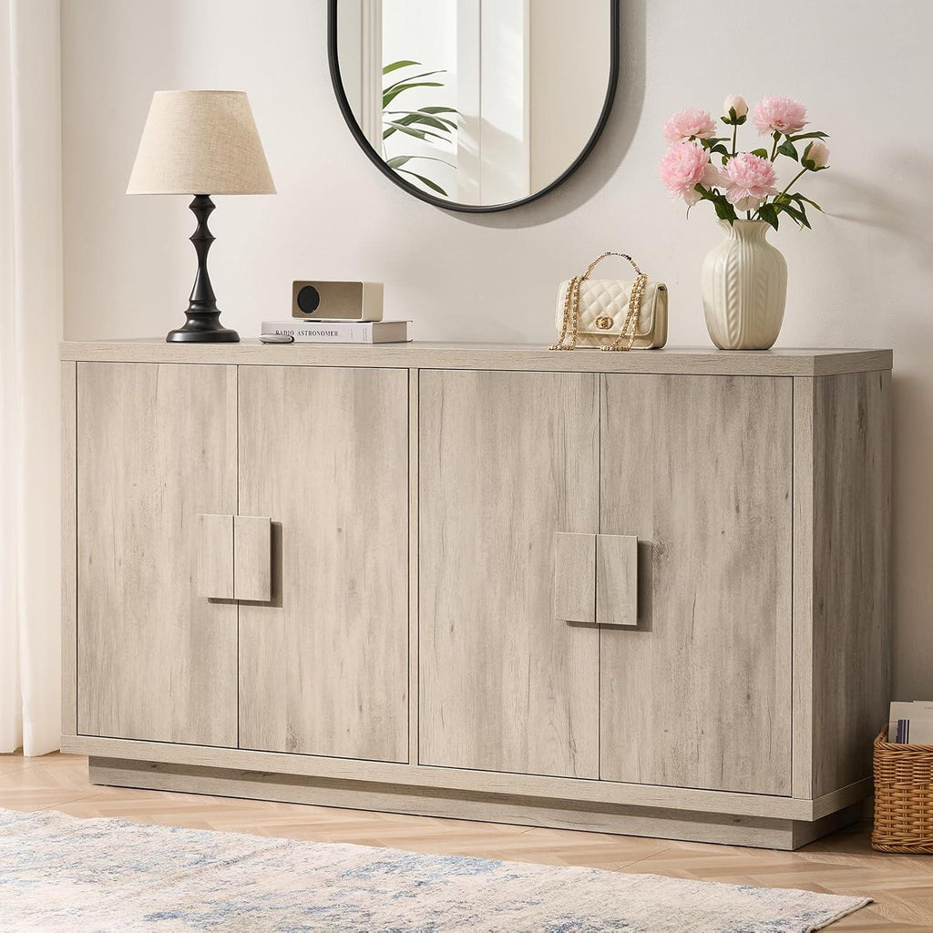 63" Farmhouse Buffet Cabinet, 4-Door Storage Credenza, Wood Coffee Bar Console