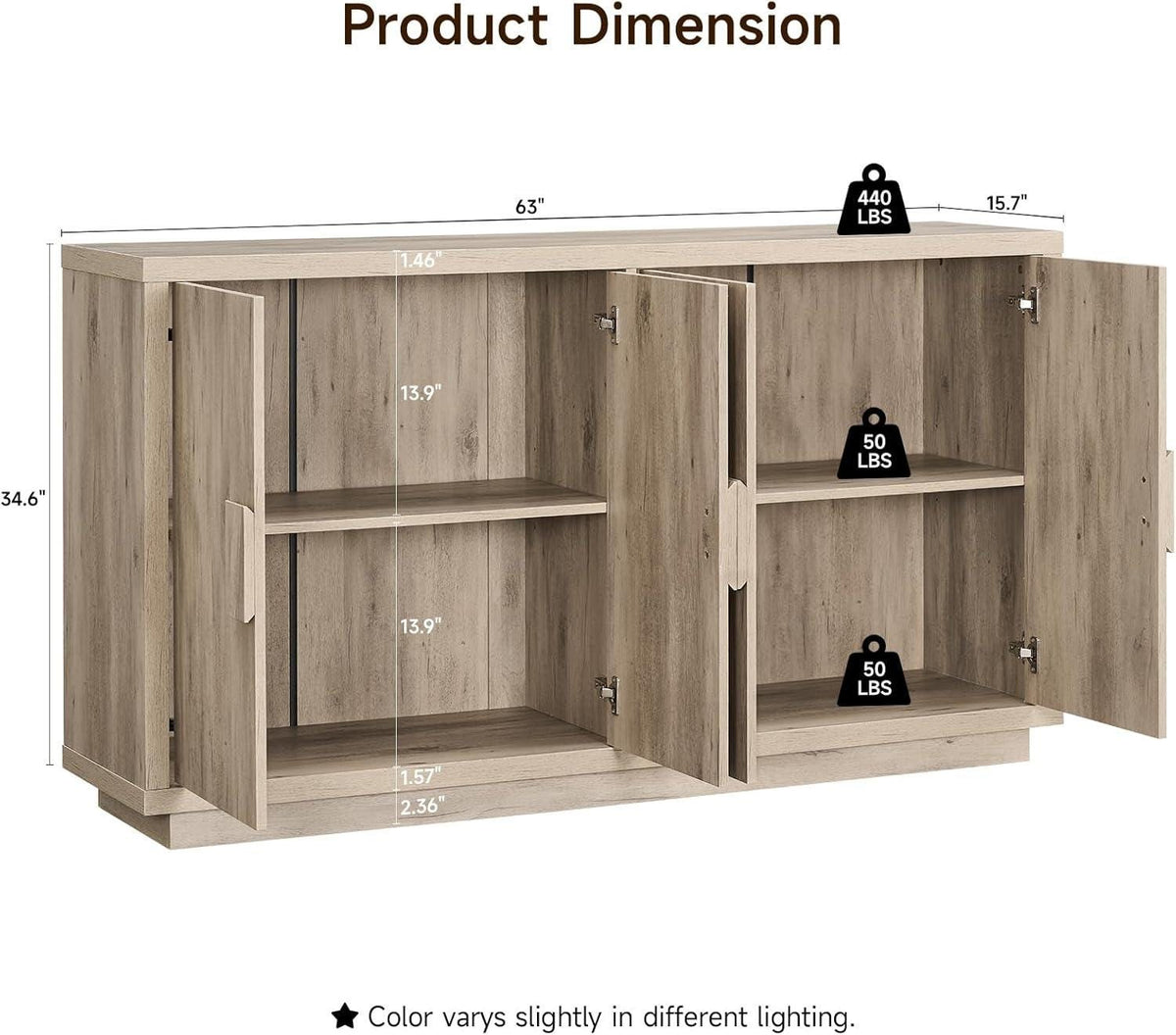 63" Farmhouse Buffet Cabinet, 4-Door Storage Credenza, Wood Coffee Bar Console