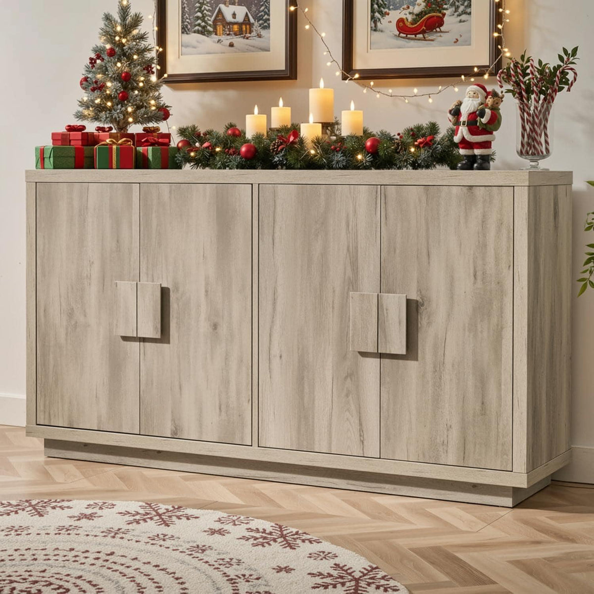 63" Farmhouse Buffet Cabinet, 4-Door Storage Credenza, Wood Coffee Bar Console