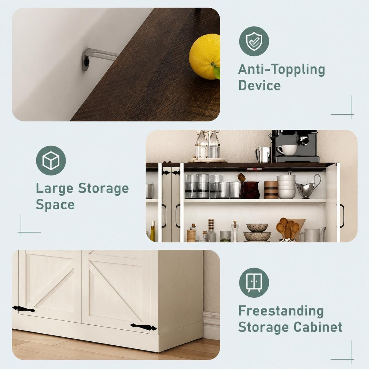 Farmhouse Sideboard Cabinet, Rustic Buffet Console Table, 65-Inch Storage Furniture