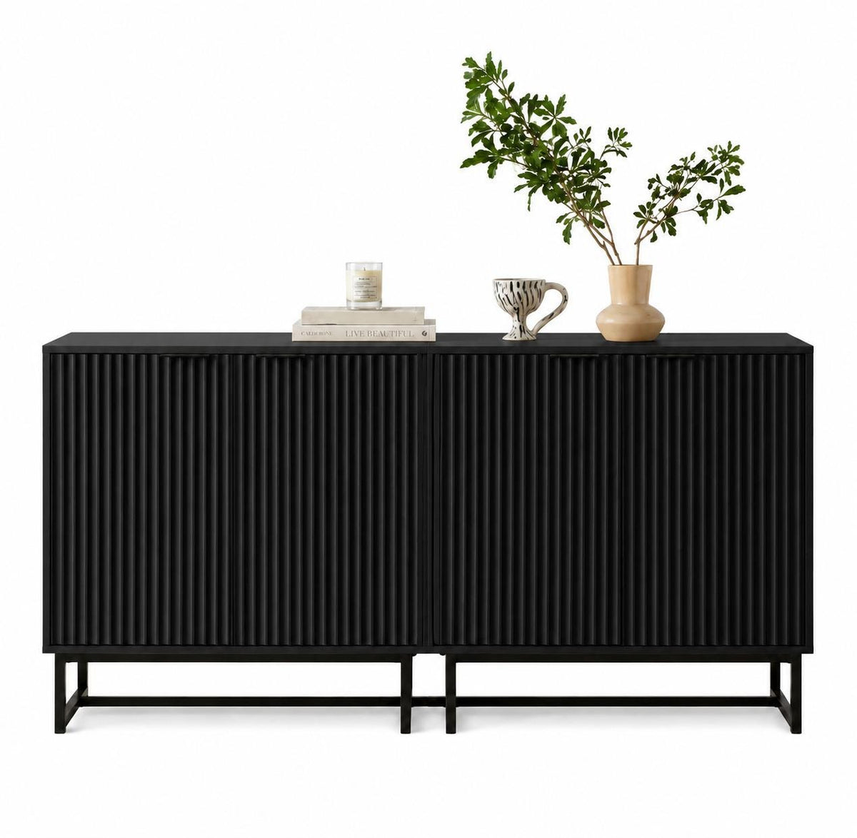 Set of 2 Fluted Storage Cabinets, Modern Buffet Console, Art Deco Accent Furniture