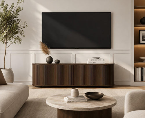 59" Fluted TV Stand Wood Media Console Storage Cabinet Mid Century Modern Living Room Walnut, Customized