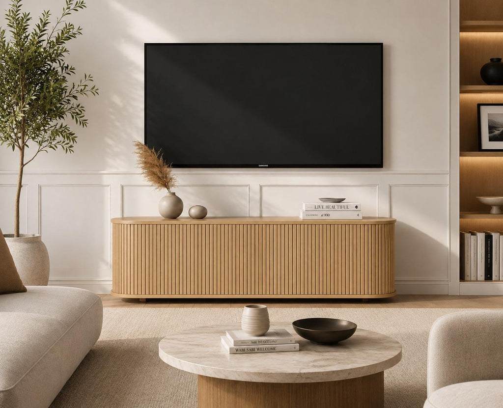 59" Fluted TV Stand Wood Media Console Storage Cabinet Mid Century Modern Living Room Walnut, Customized