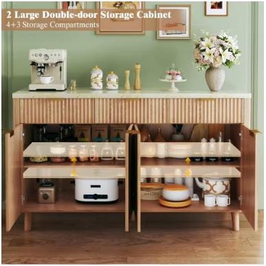 Fluted Buffet Cabinet, Faux Marble Top, 4 Doors, 3 Drawers Storage Sideboard