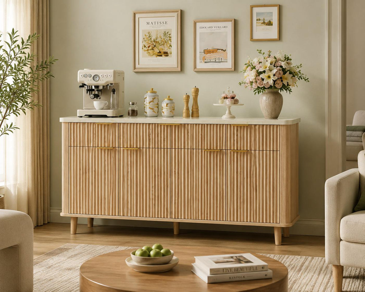 Fluted Buffet Cabinet, Faux Marble Top, 4 Doors, 3 Drawers Storage Sideboard