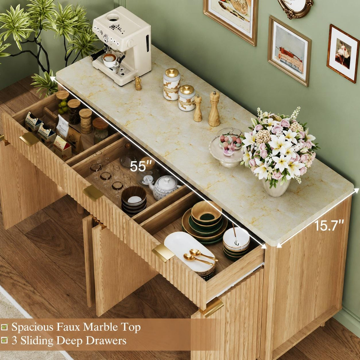 Fluted Buffet Cabinet, Faux Marble Top, 4 Doors, 3 Drawers Storage Sideboard