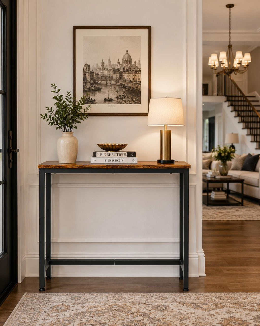 Rustic Narrow Console Table for Entryway, Industrial Sofa Table Behind Couch, Slim Hallway Accent Table with Metal Frame,