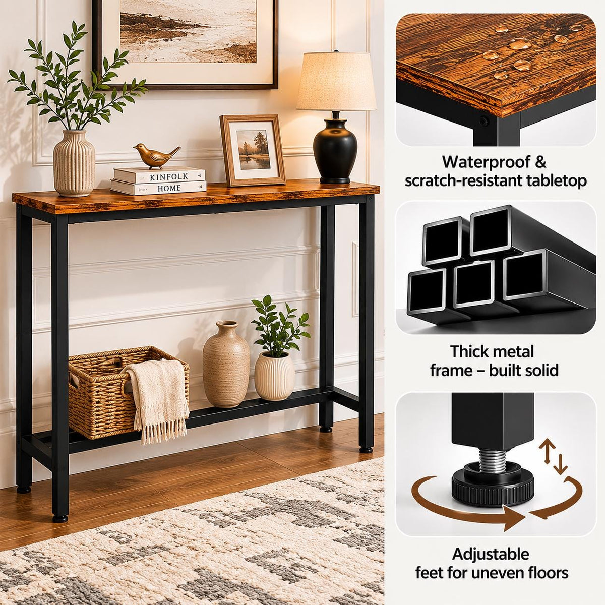 Rustic Narrow Console Table for Entryway, Industrial Sofa Table Behind Couch, Slim Hallway Accent Table with Metal Frame,