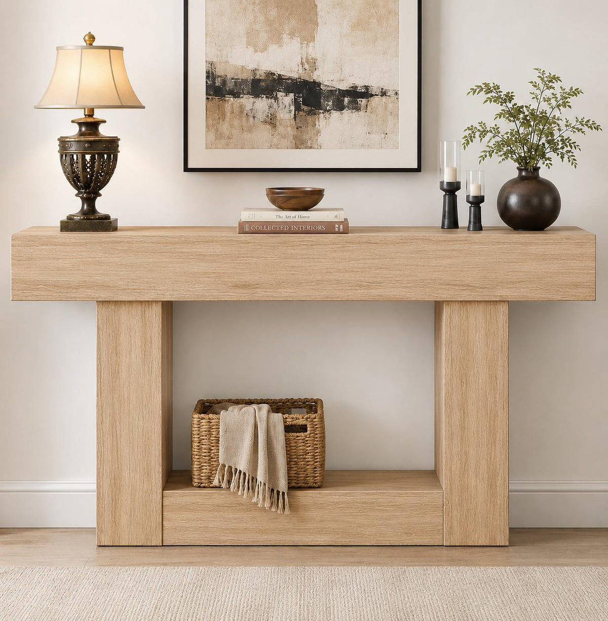 Farmhouse Console Table, Rustic Brown Wood, Vintage Gray U-Base, Entryway Sofa Table