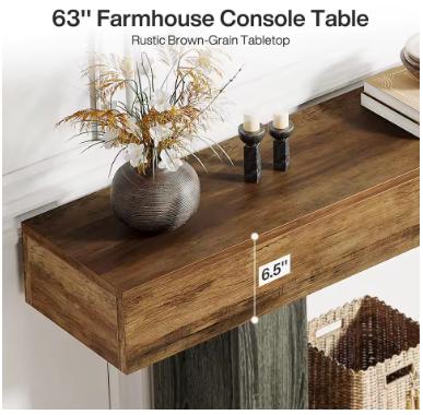 Farmhouse Console Table, Rustic Brown Wood, Vintage Gray U-Base, Entryway Sofa Table