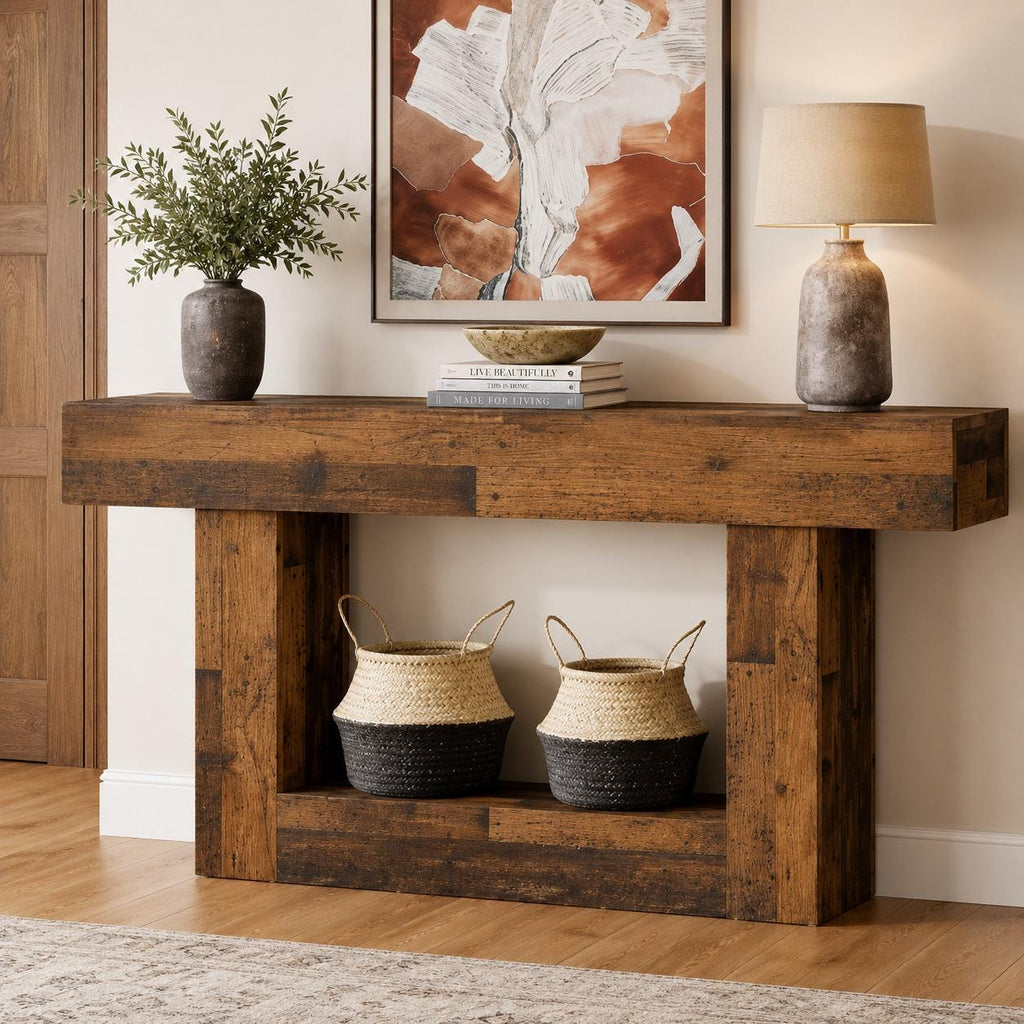 Farmhouse Console Table, Rustic Brown Wood, Vintage Gray U-Base, Entryway Sofa Table