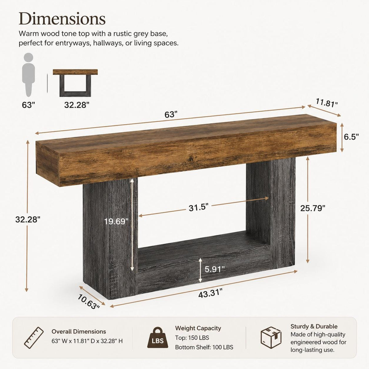 Farmhouse Console Table, Rustic Brown Wood, Vintage Gray U-Base, Entryway Sofa Table