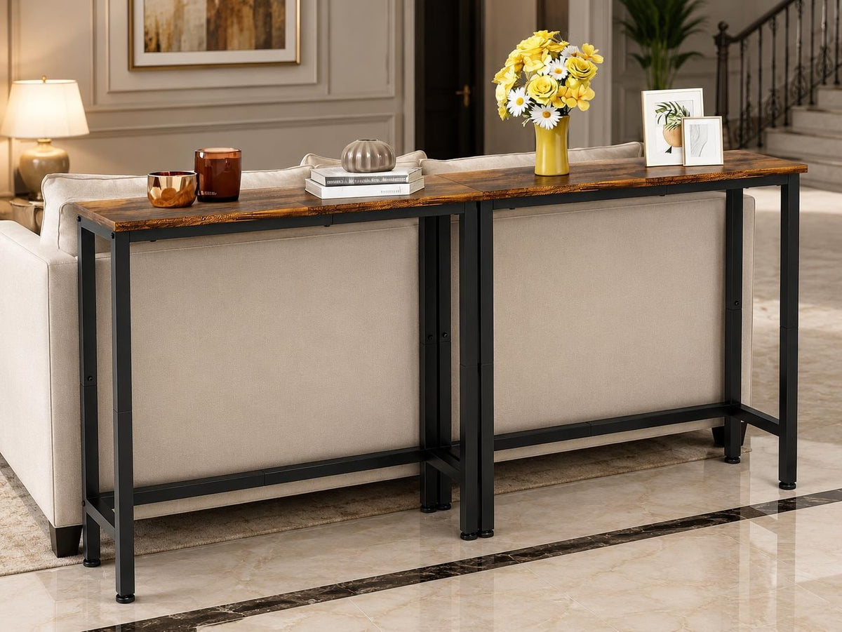 Rustic Narrow Console Table Set, Industrial Wood-Look Sofa Tables, Space Saving Accent Furniture