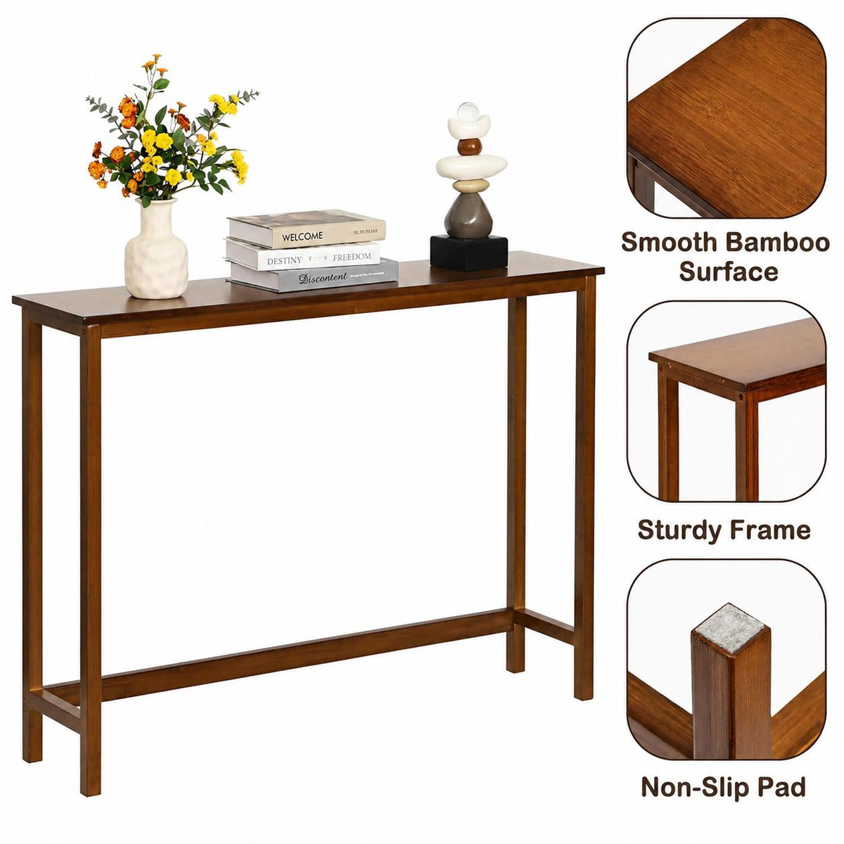 Eco-Friendly Bamboo Console Table, Slim Entryway Table, Seamless Top, Small Spaces