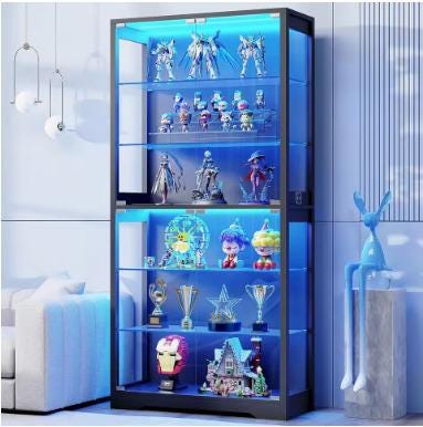 Display Cabinet with Glass Door, 6-Tier 71" Curio Cabinet with 3 Color Lights for Collectibles, Display Case with Adjustable Glass