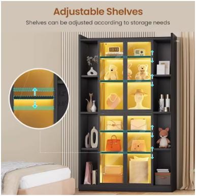 71" Display Cabinet with Acrylic Glass Doors, 6 Tier Display Cases for Collectibles, Curio Cabinet with LED Lights, Tall Bookcase